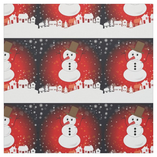 Whimsical Winter Night Snowman on Red Background Fabric (Swatch)