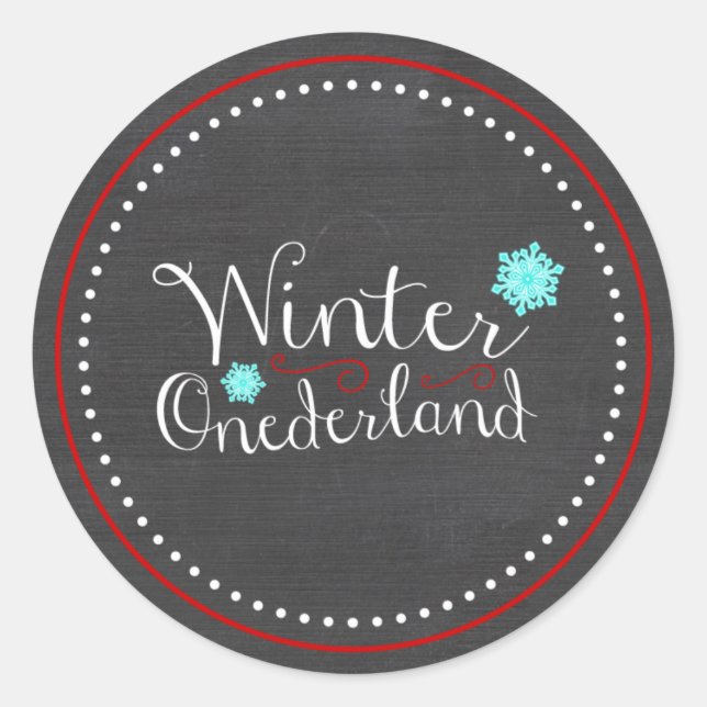 Whimsical Winter Onederland 1st Birthday Red Teal Classic Round Sticker (Front)