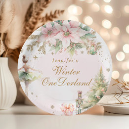 Whimsical Winter Onederland Pastel pink birthday Paper Plate