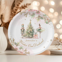 Whimsical Winter Onederland Pastel pink birthday Paper Plate