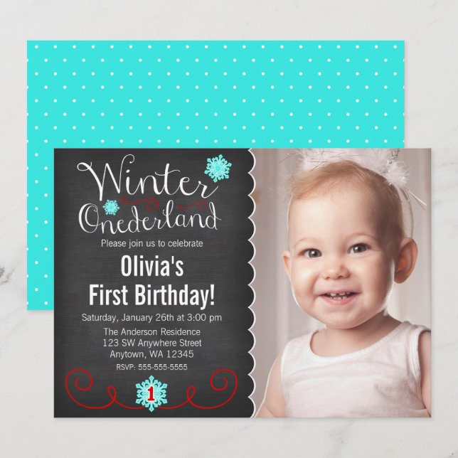 Whimsical Winter Onederland Photo Red Birthday Invitation (Front/Back)