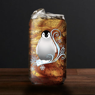 Whimsical Winter Penguin Art Nouveau Snowflakes Can Glass