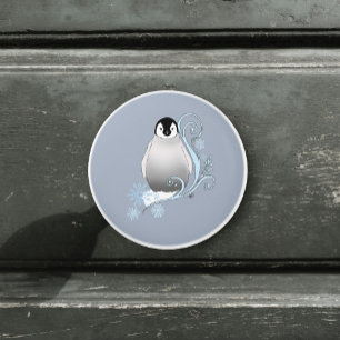 Whimsical Winter Penguin Art Nouveau Snowflakes   Ceramic Knob