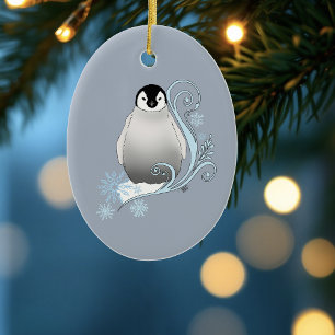 Whimsical Winter Penguin Art Nouveau Snowflakes Ceramic Tree Decoration