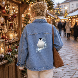 Whimsical Winter Penguin Art Nouveau Snowflakes Denim Jacket