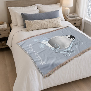 Whimsical Winter Penguin Art Nouveau Snowflakes Throw Blanket