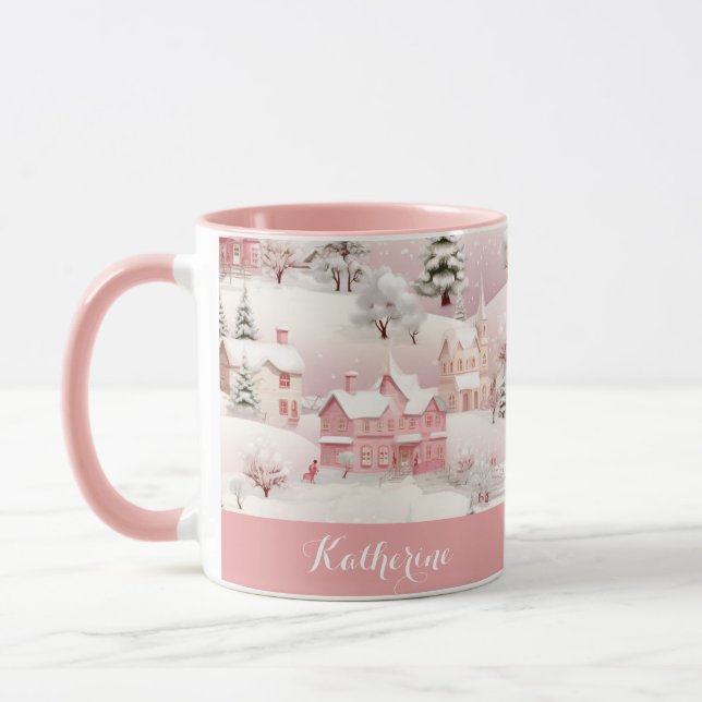 Whimsical Winter Pink Village Christmas Mug (Left)