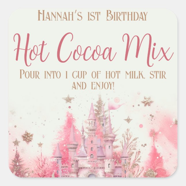Whimsical Winter Princess Birthday Hot Cocoa Square Sticker (Front)