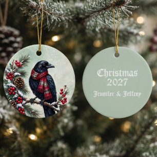 Whimsical Winter Raven Scarf Couple Branch Art Ceramic Tree Decoration
