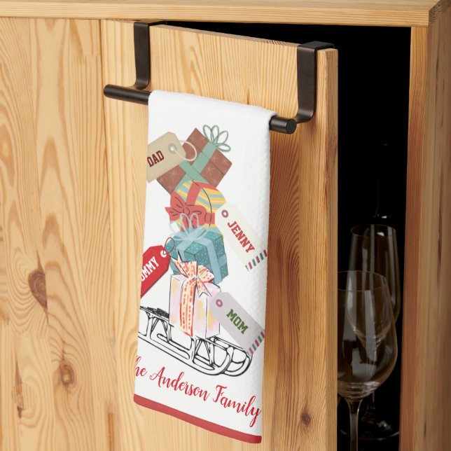 Whimsical Winter Red Green Family Merry Christmas Tea Towel (Thirds Fold)