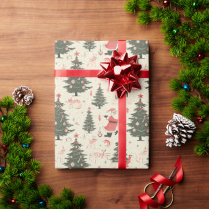Whimsical Winter Scene: Santa, Fireplace, Cream  Wrapping Paper