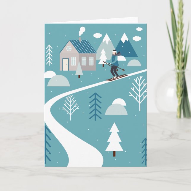 Whimsical Winter Snow Skiing in Teal Blue Holiday Card (Front)