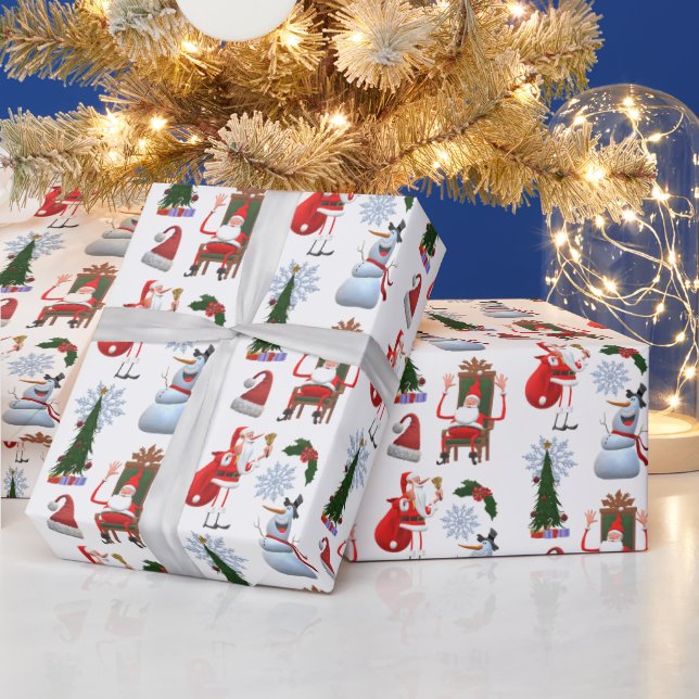 Whimsical Winter Tree with Santa and Snowman Wrapping Paper (Holidays)