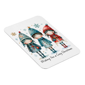 Whimsical Winter Trio- 3 Kids in Blue & Red Coats Magnet