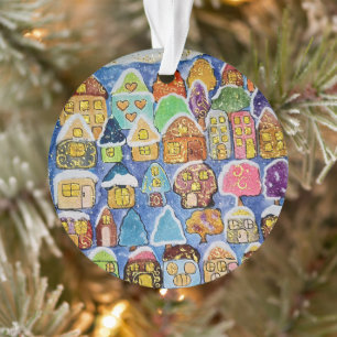 Whimsical Winter Village Folk Art Custom Acrylic Ornament