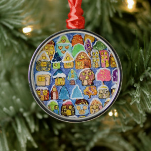 Whimsical Winter Village Folk Art Metal Christmas Tree Decoration