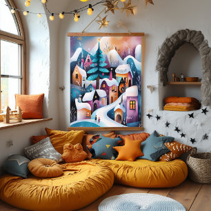 Whimsical Winter Village Illustration Hanging Tapestry