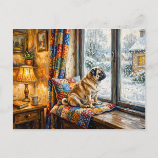 Whimsical Winter Window Seat Mops Illustration Postcard