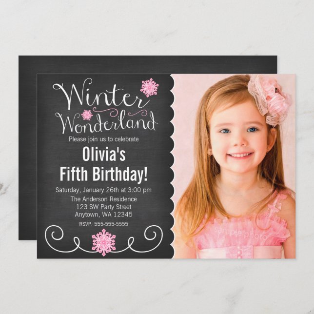 Whimsical Winter Wonderland Pink Photo Birthday Invitation (Front/Back)
