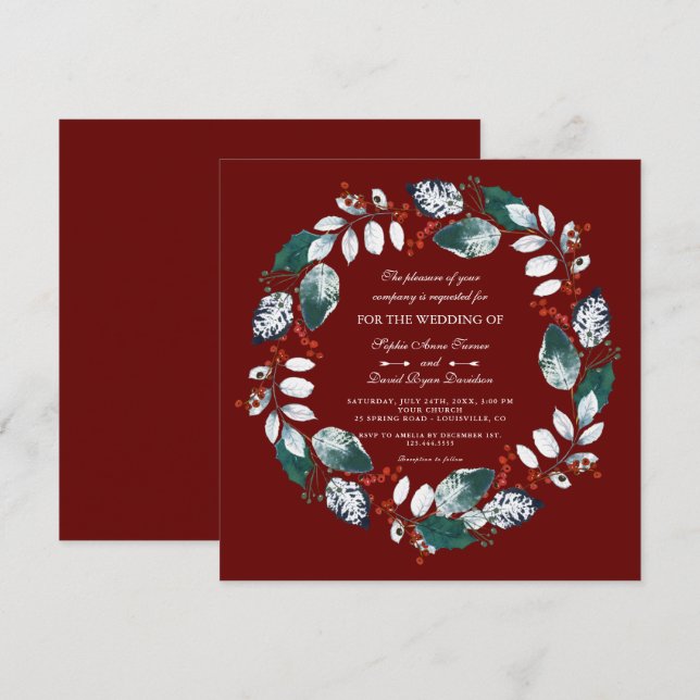 Whimsical Winter Wreath Burgundy Wedding Invitation (Front/Back)