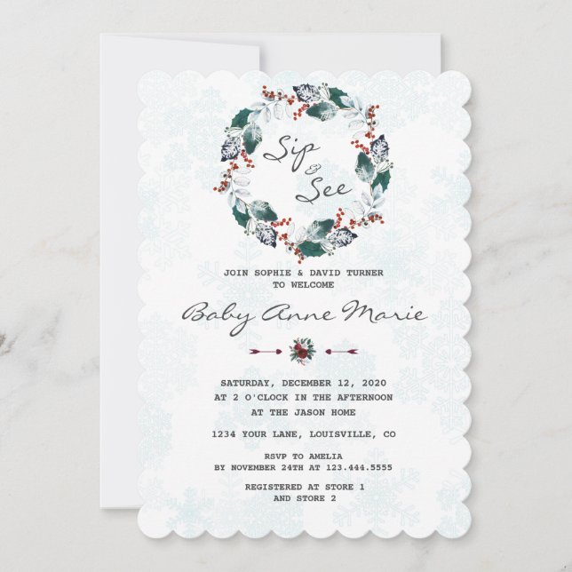 Whimsical Winter Wreath Sip & See Baby Shower Invitation (Front)
