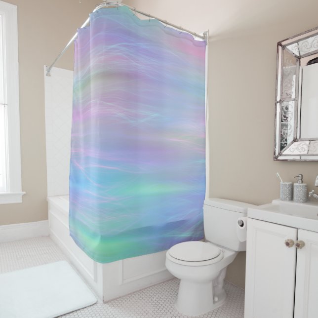 Whimsical Wisps | Holo Fairy Pastel Rainbow Ombre Shower Curtain (In Situ)