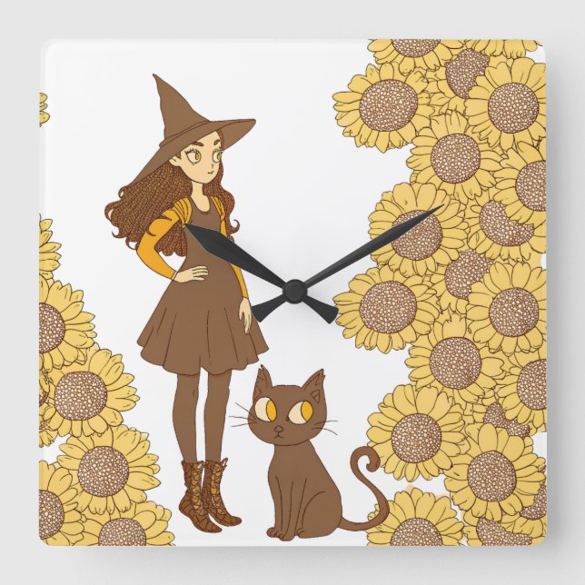 "Whimsical Witch and Cat Sunflower Wall Clock" Square Wall Clock (Front)