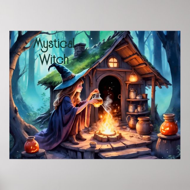 Whimsical Witch Brewing Potion Halloween Poster (Front)
