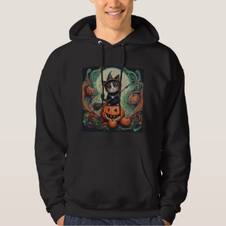 whimsical witch cat and pumpkin Halloween  Hoodie