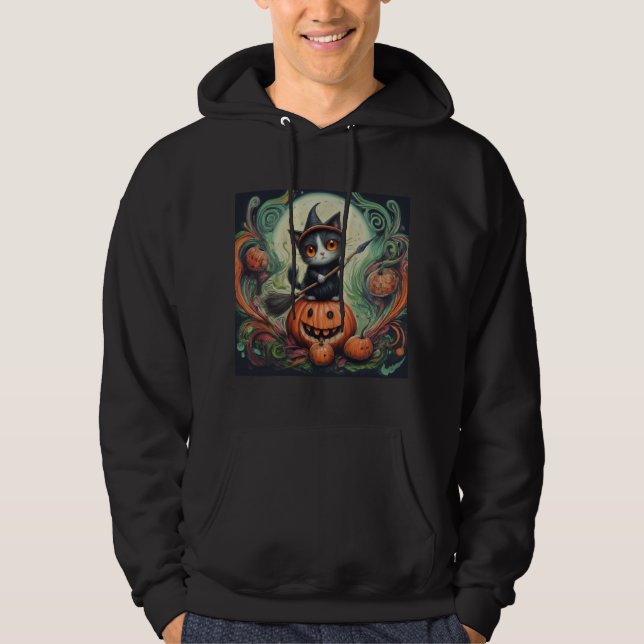 whimsical witch cat and pumpkin Halloween  Hoodie (Front)