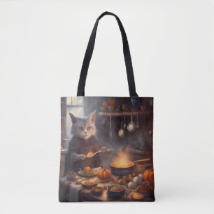 Whimsical Witch Cat cooking Halloween dinner  Tote Bag