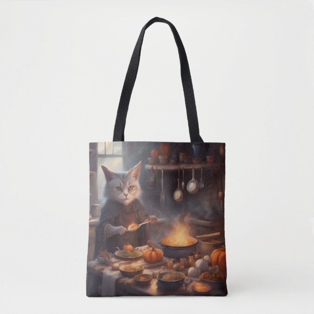 Whimsical Witch Cat cooking Halloween dinner  Tote Bag (Front)