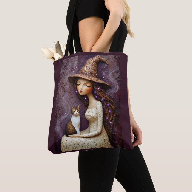 Whimsical Witch Cat Halloween Moon Tote Bag (Close Up)