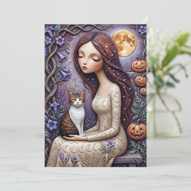 Whimsical Witch Cat Halloween Mystical Moon Card (Standing Front)
