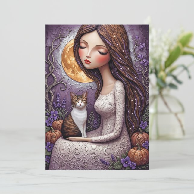Whimsical Witch Cat Halloween Mystical Moon Card (Standing Front)