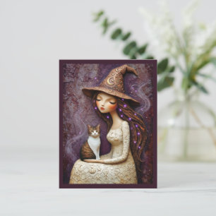 Whimsical Witch Cat Halloween Mystical Moon Postcard