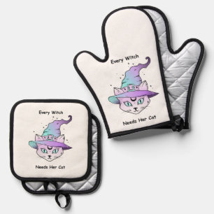 Whimsical Witch Cat Oven Mitt & Pot Holder Set