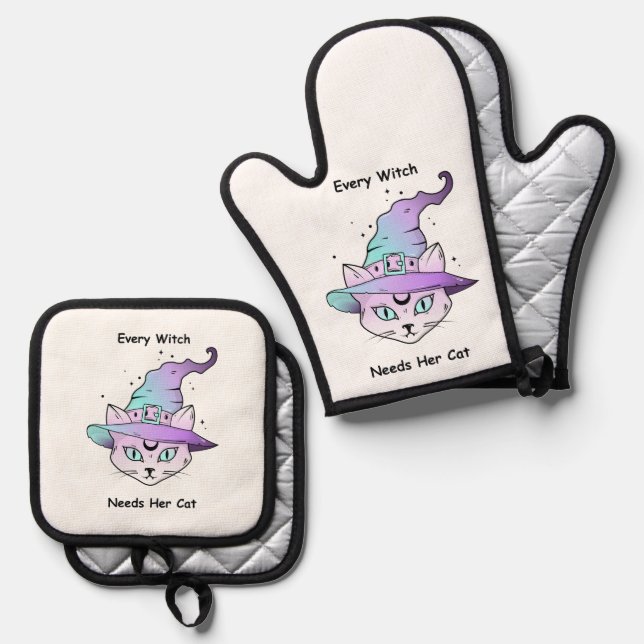 Whimsical Witch Cat Oven Mitt & Pot Holder Set (Front/Back)