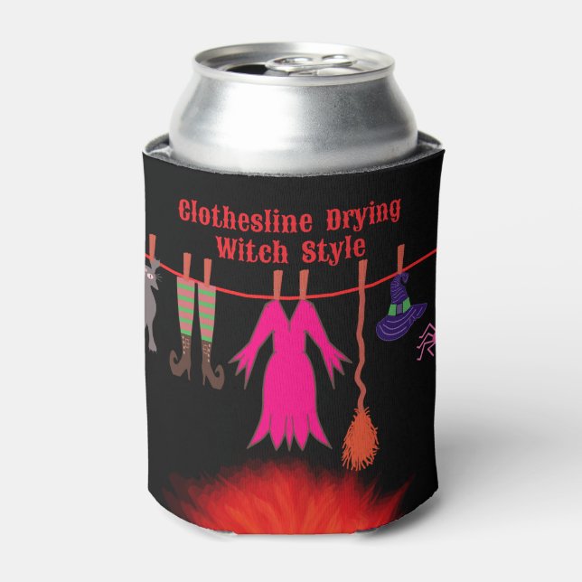 Whimsical Witch Clothesline Halloween Graphic Art Can Cooler (Can Front)