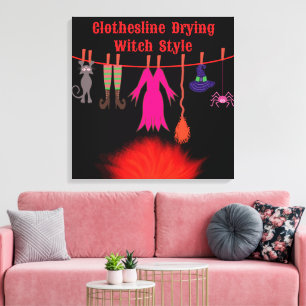 Whimsical Witch Clothesline Halloween Graphic Art Canvas Print
