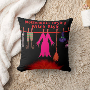 Whimsical Witch Clothesline Halloween Graphic Art Cushion