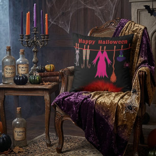 Whimsical Witch Clothesline Halloween Graphic Art Cushion