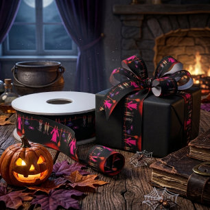 Whimsical Witch Clothesline Halloween Graphic Art Satin Ribbon
