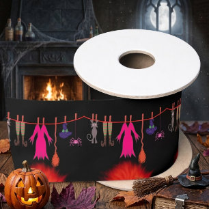 Whimsical Witch Clothesline Halloween Graphic Art Satin Ribbon