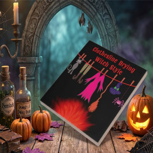 Whimsical Witch Clothesline Halloween Graphic Art Tile