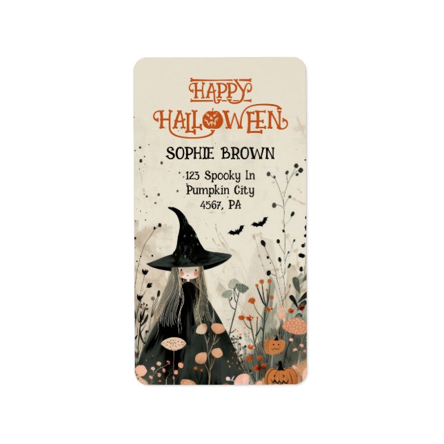 Whimsical Witch Fall Foliage Happy Halloween Label (Front)