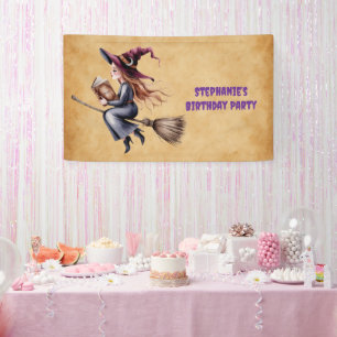 Whimsical Witch Flying Broom Girl Birthday Party Banner