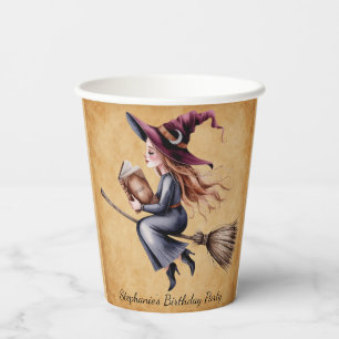 Whimsical Witch Flying Broom Girl Birthday Party Paper Cups