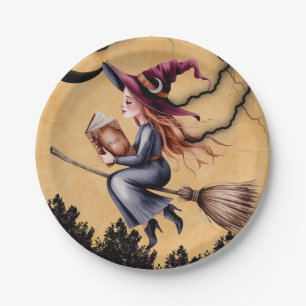 Whimsical Witch Flying Broom Girl Birthday Party Paper Plate