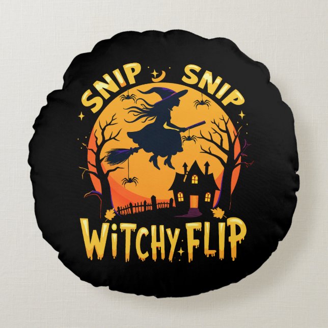 Whimsical Witch Halloween Design - Snip Snip Flip Round Cushion (Front)